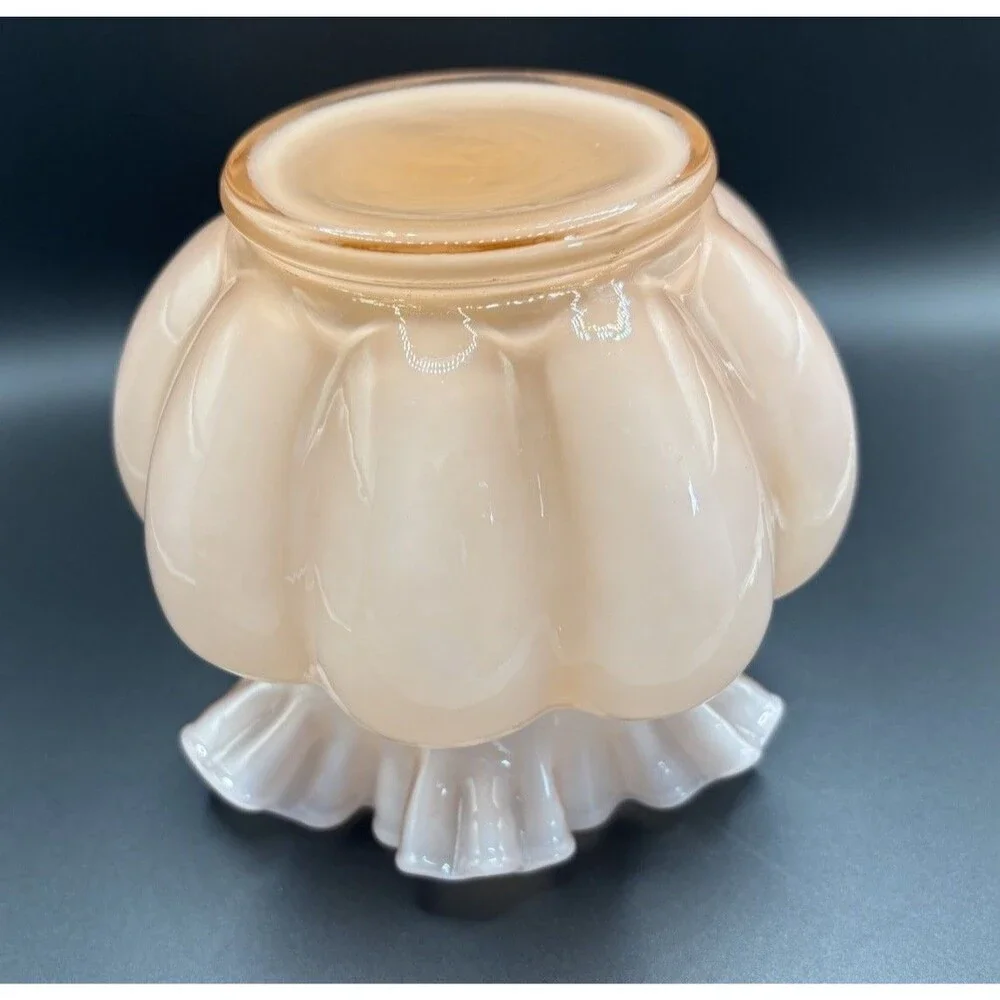 Vintage Fenton Peach Pink Double Crimped Cased Glass Melon Overlay Bowl Vase 6”